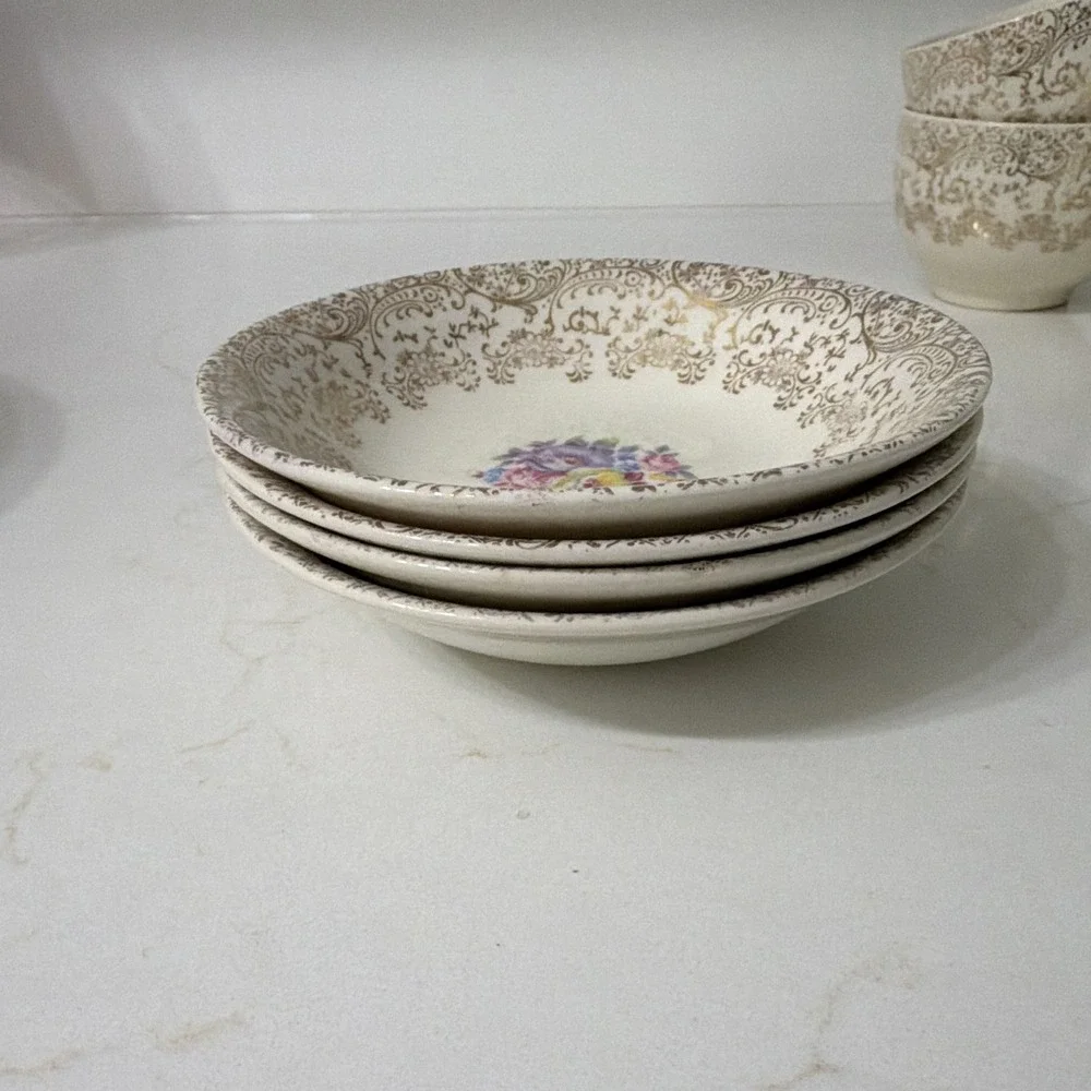 Ivory & Gold Floral Scroll Rim Round Ceramic Glossy set (see pics for quantity)